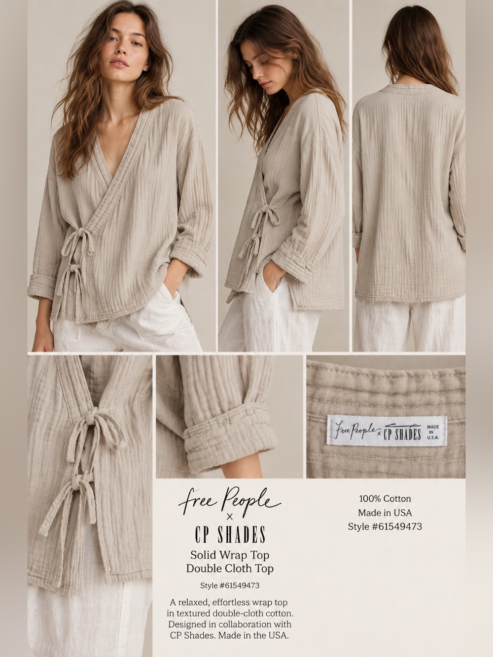 Free People x CP Shades Cotton Solid Wrap Double Cloth Top Beige Size Small